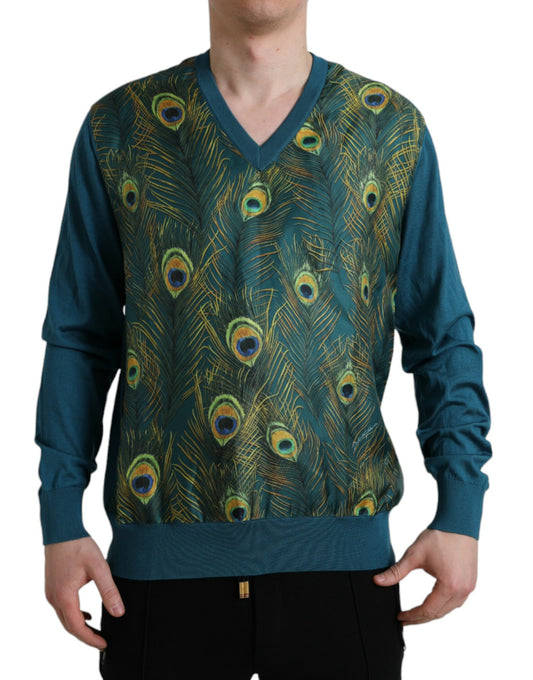 Dolce &amp; Gabbana V-neck silk sweater with peacock feathers