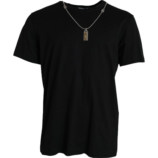 Dolce &amp; Gabbana Elegant black cotton round neck t-shirt with dog tag