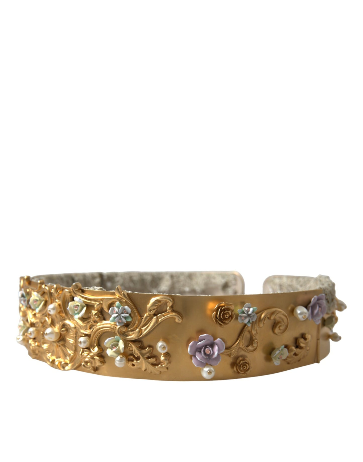 Dolce &amp; Gabbana Elegant gold-coloured faux pearl belt with floral pattern