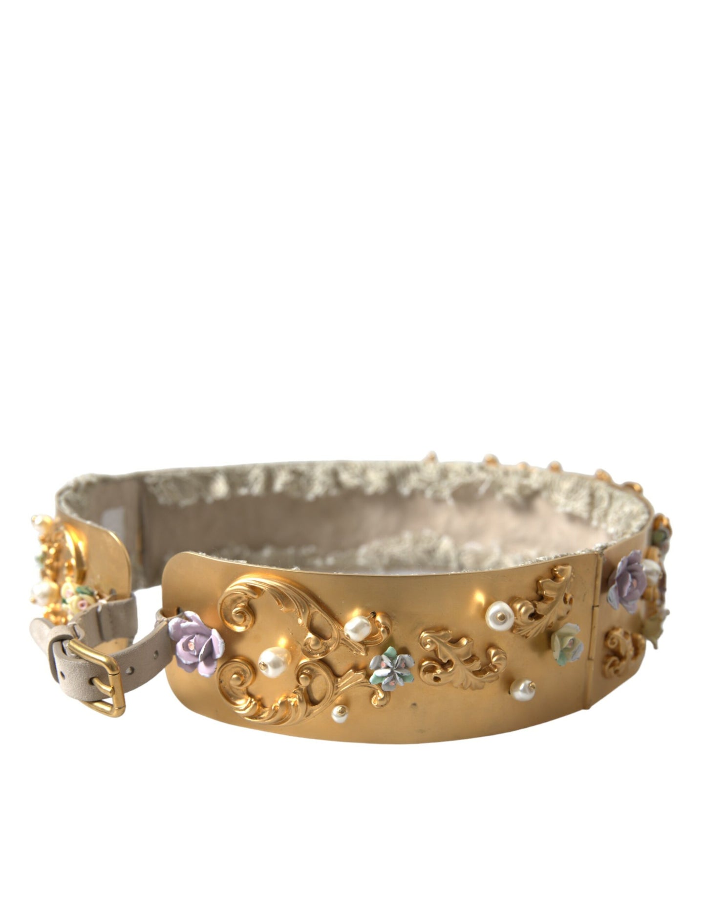 Dolce &amp; Gabbana Elegant gold-coloured faux pearl belt with floral pattern