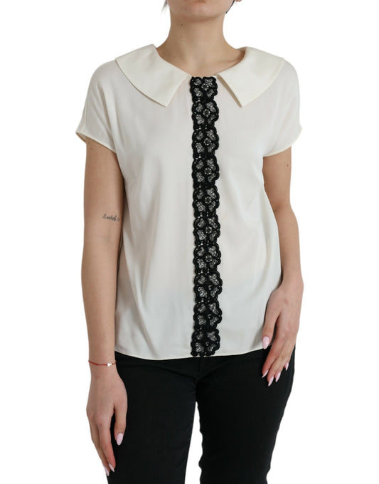 Dolce &amp; Gabbana Elegant off-white silk blouse with lace trim