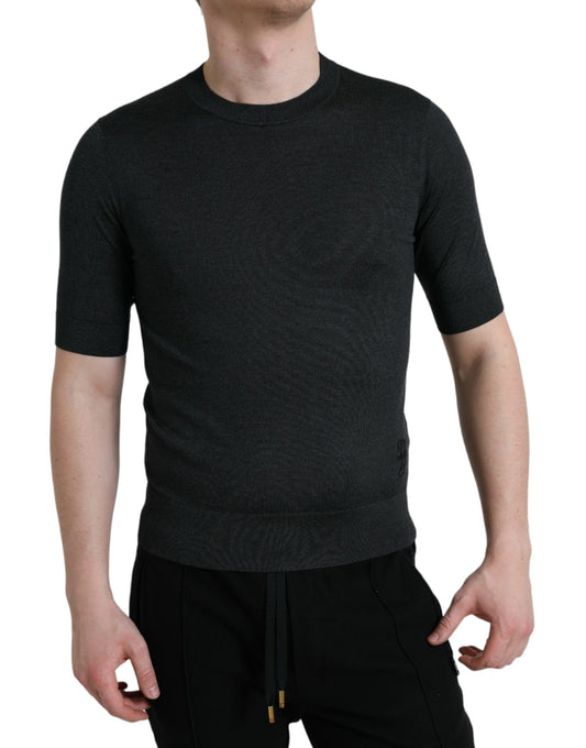 Dolce &amp; Gabbana Elegant round neck silk T-shirt in dark grey