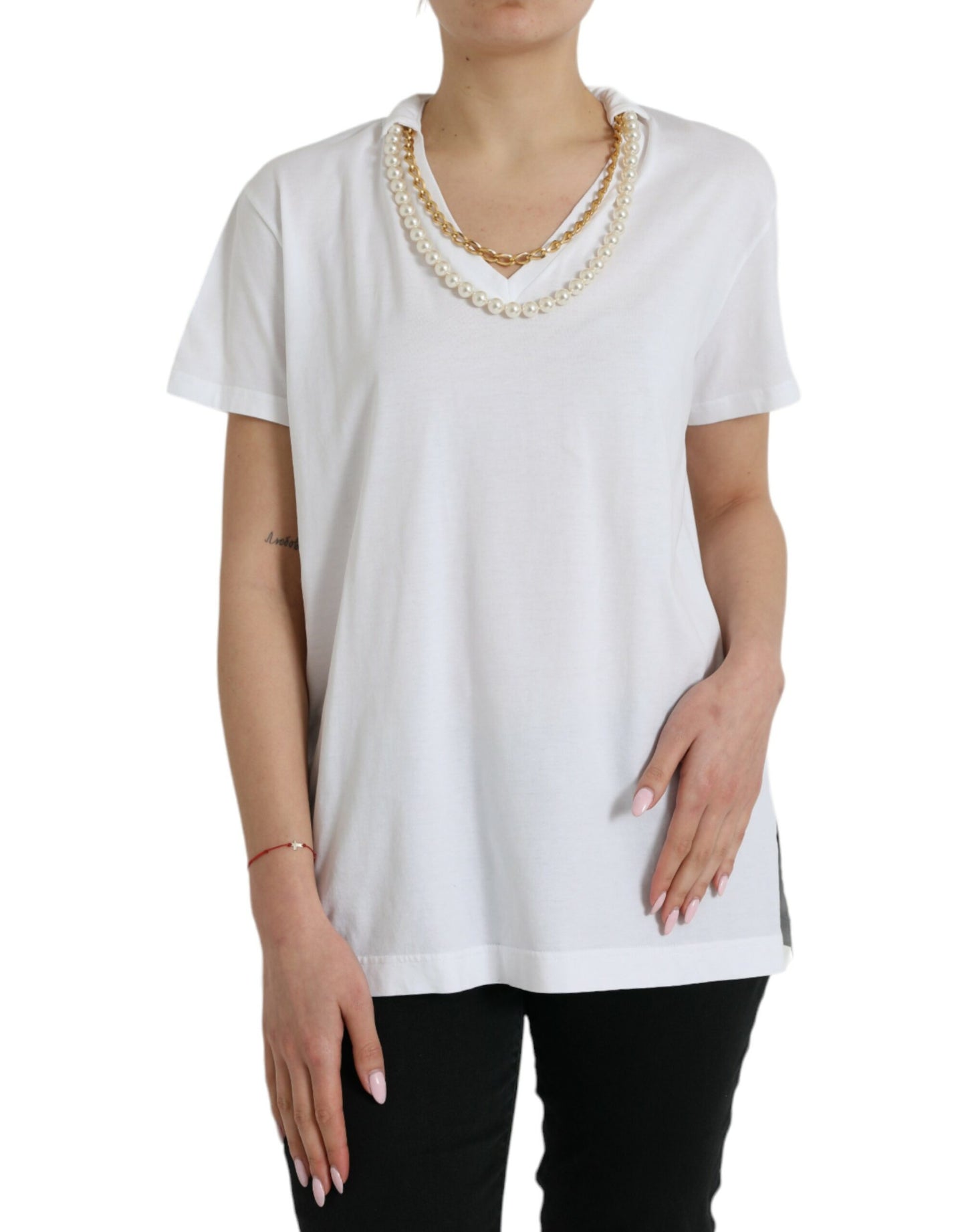 Dolce &amp; Gabbana Elegant white cotton T-shirt with necklace detail