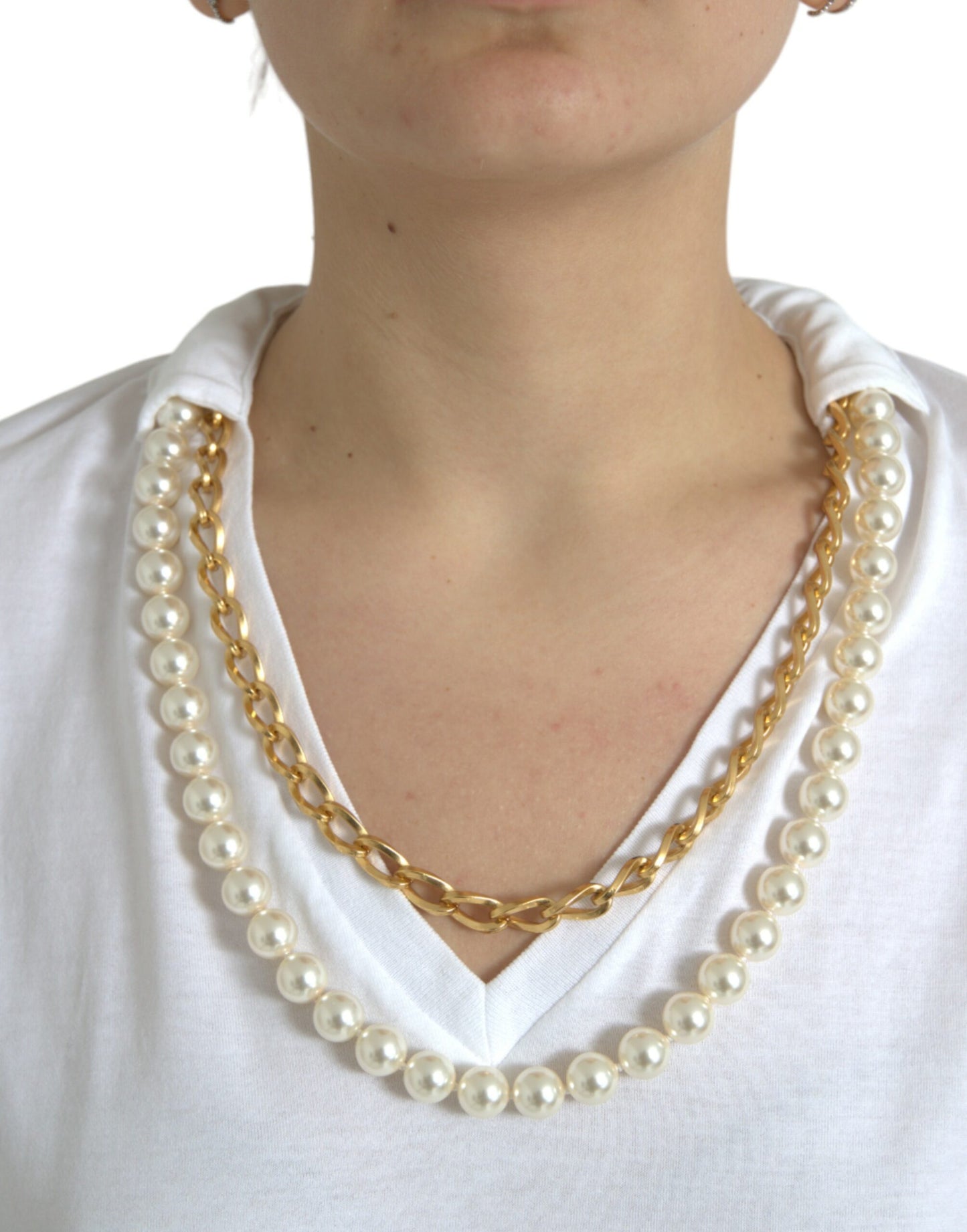 Dolce &amp; Gabbana Elegant white cotton T-shirt with necklace detail