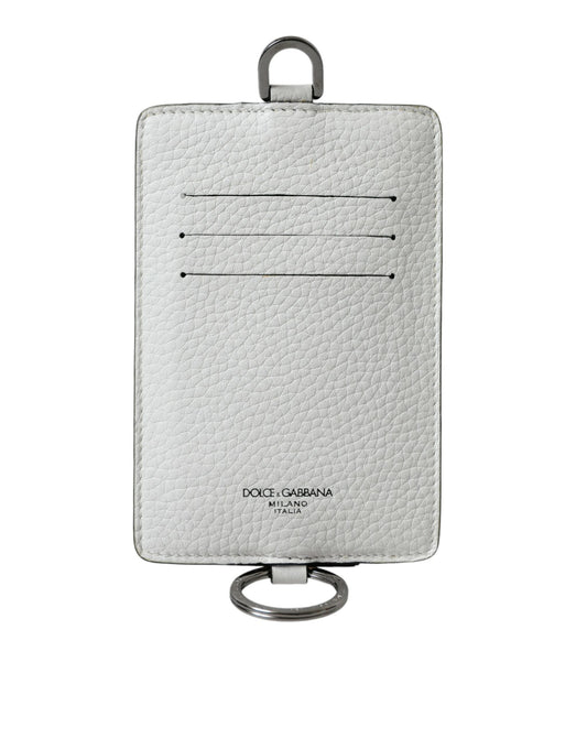 Dolce &amp; Gabbana White Calfskin Lanyard Logo Card Holder Wallet