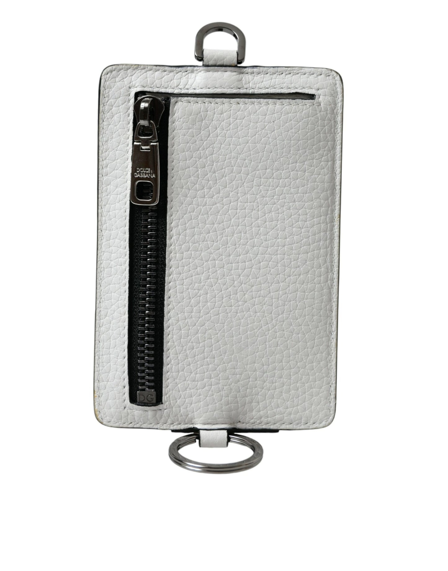 Dolce &amp; Gabbana White Calfskin Lanyard Logo Card Holder Wallet