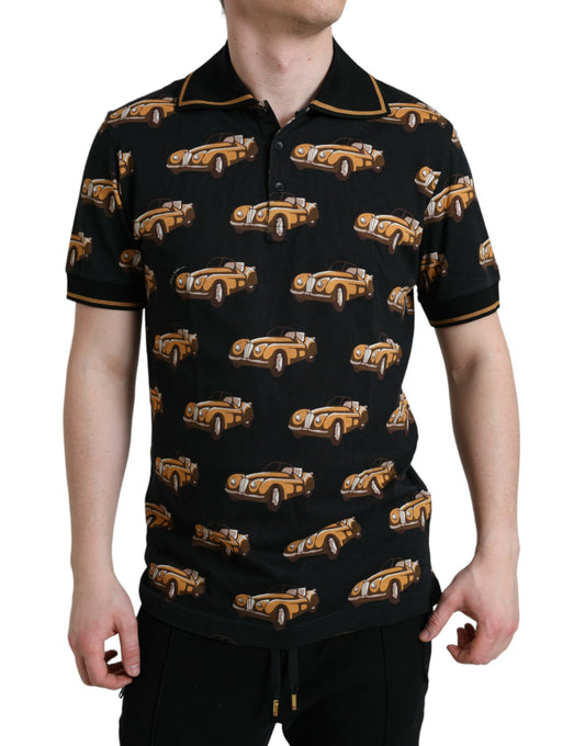 Dolce &amp; Gabbana Black Short Sleeve Polo T-Shirt with Car Print