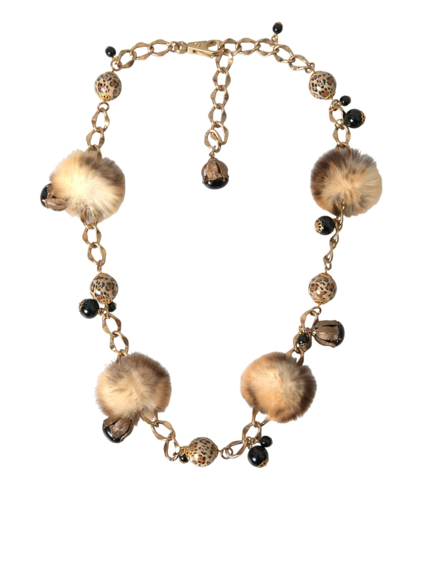 Dolce &amp; Gabbana Gold Brass Leopard Fur Pearl Necklace Chain Belt