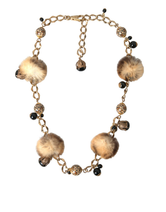 Dolce &amp; Gabbana Gold Brass Leopard Fur Pearl Necklace Chain Belt