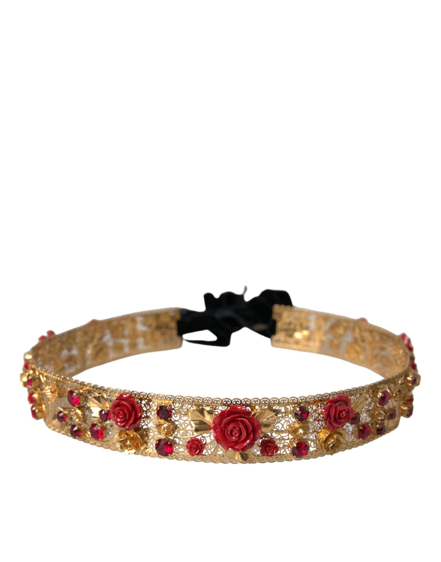 Dolce &amp; Gabbana Gold Brass Red Roses Crystal Jewel Waist Belt