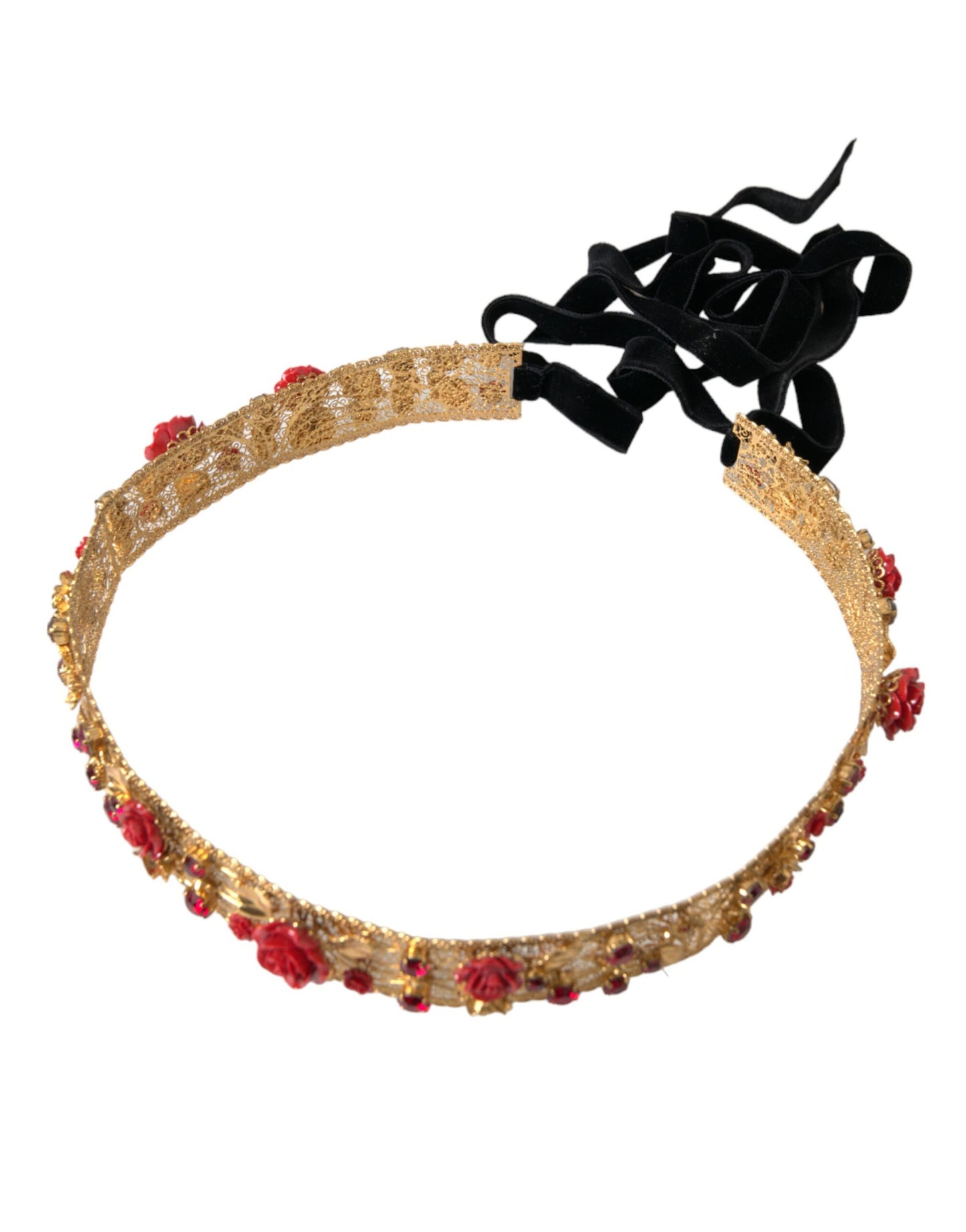 Dolce &amp; Gabbana Gold Brass Red Roses Crystal Jewel Waist Belt