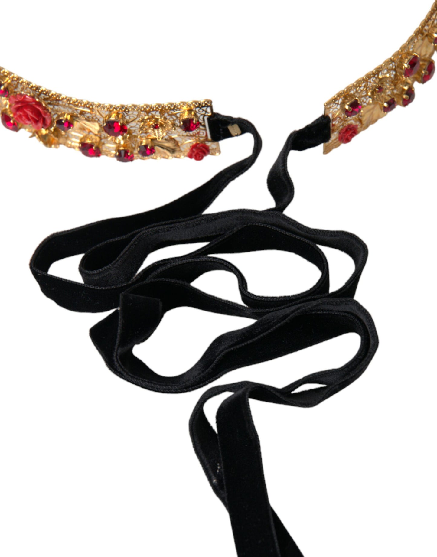 Dolce &amp; Gabbana Gold Brass Red Roses Crystal Jewel Waist Belt