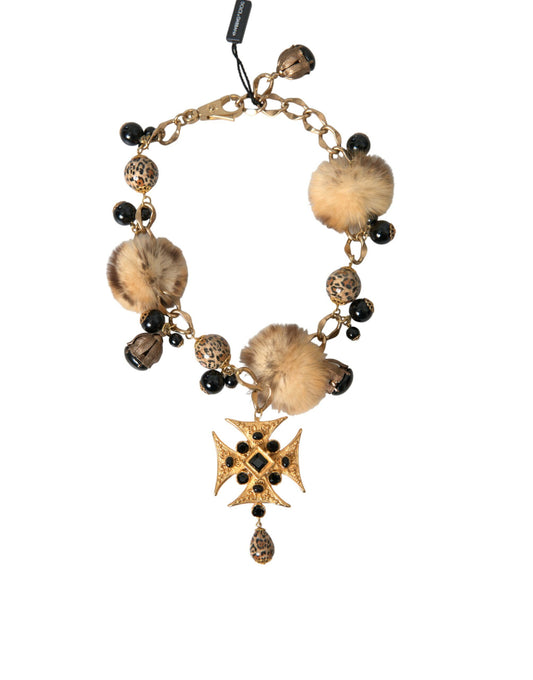 Dolce &amp; Gabbana Gold Black Crystals Lapin Fur Filigree Chocker Necklace