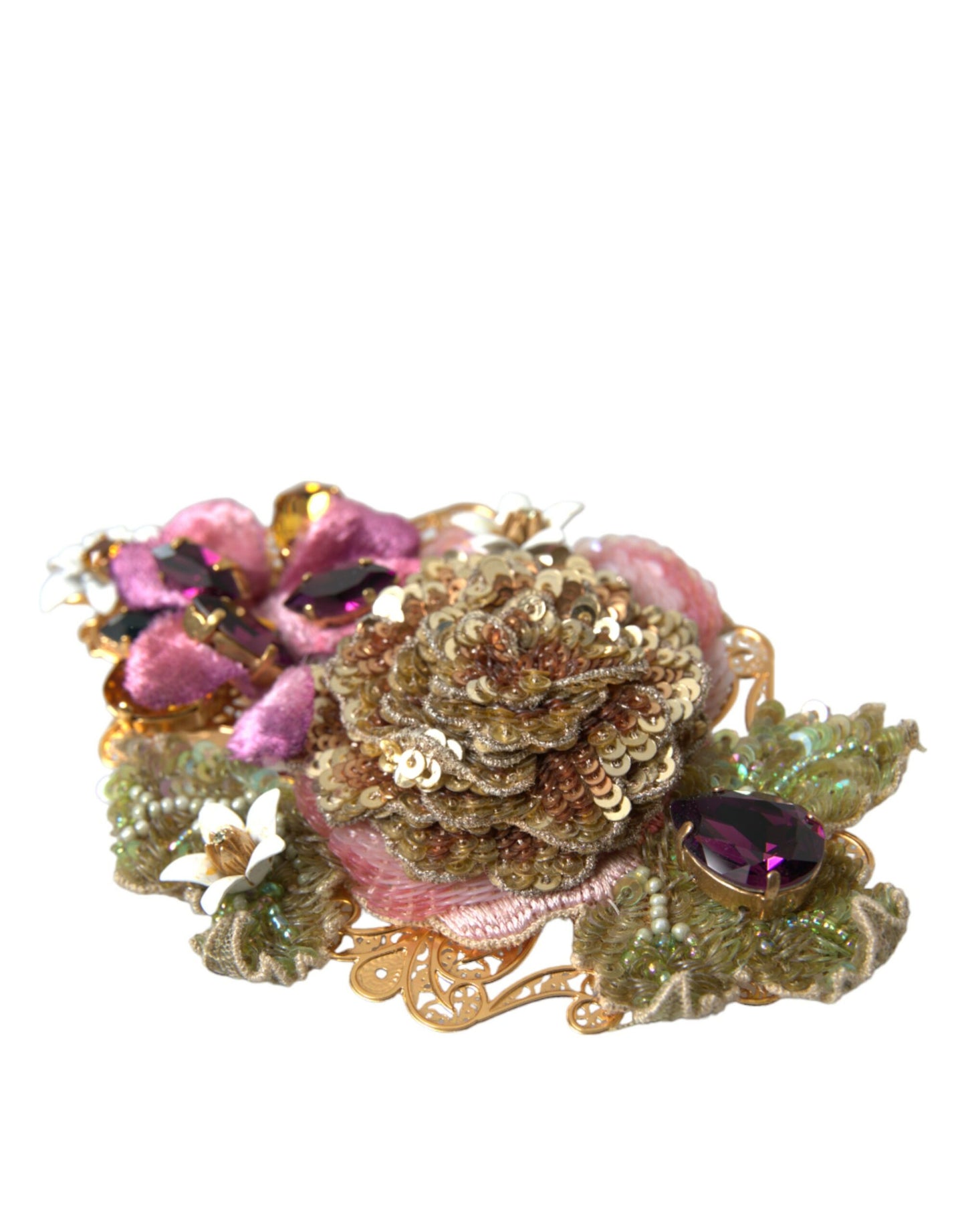 Dolce & Gabbana Gold Messing Floral Kristall Pailletten Haarspange