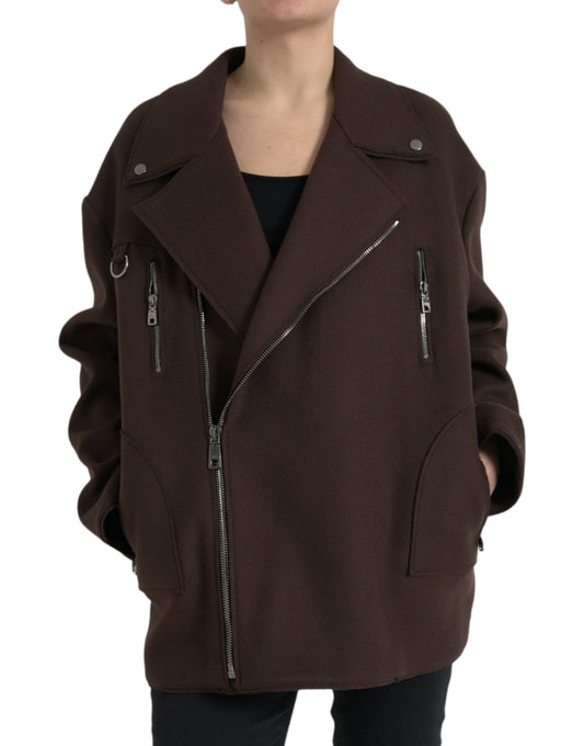 Dolce &amp; Gabbana Brown Coat Lyhyt Biker Villatakki