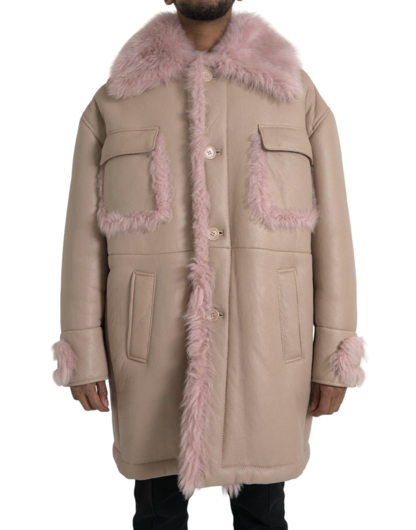 Dolce & Gabbana Beige Rosa Lammleder Shearling Mantel Jacke