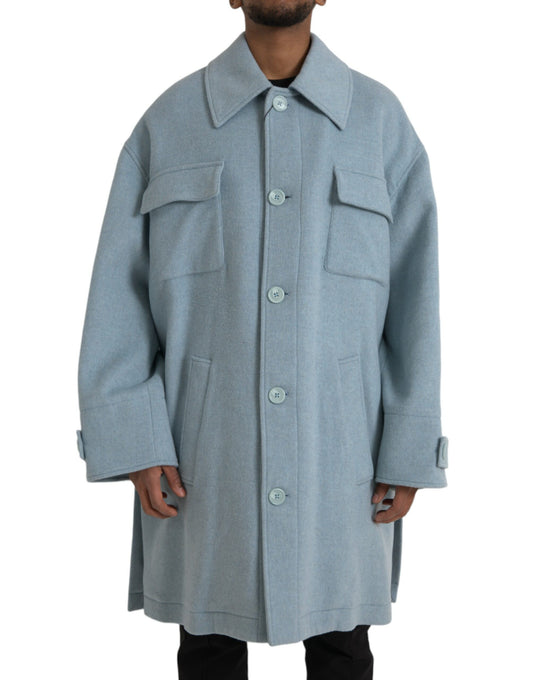 Dolce &amp; Gabbana Light Blue Wool Coat with Button Placket Trench Coat Jacket