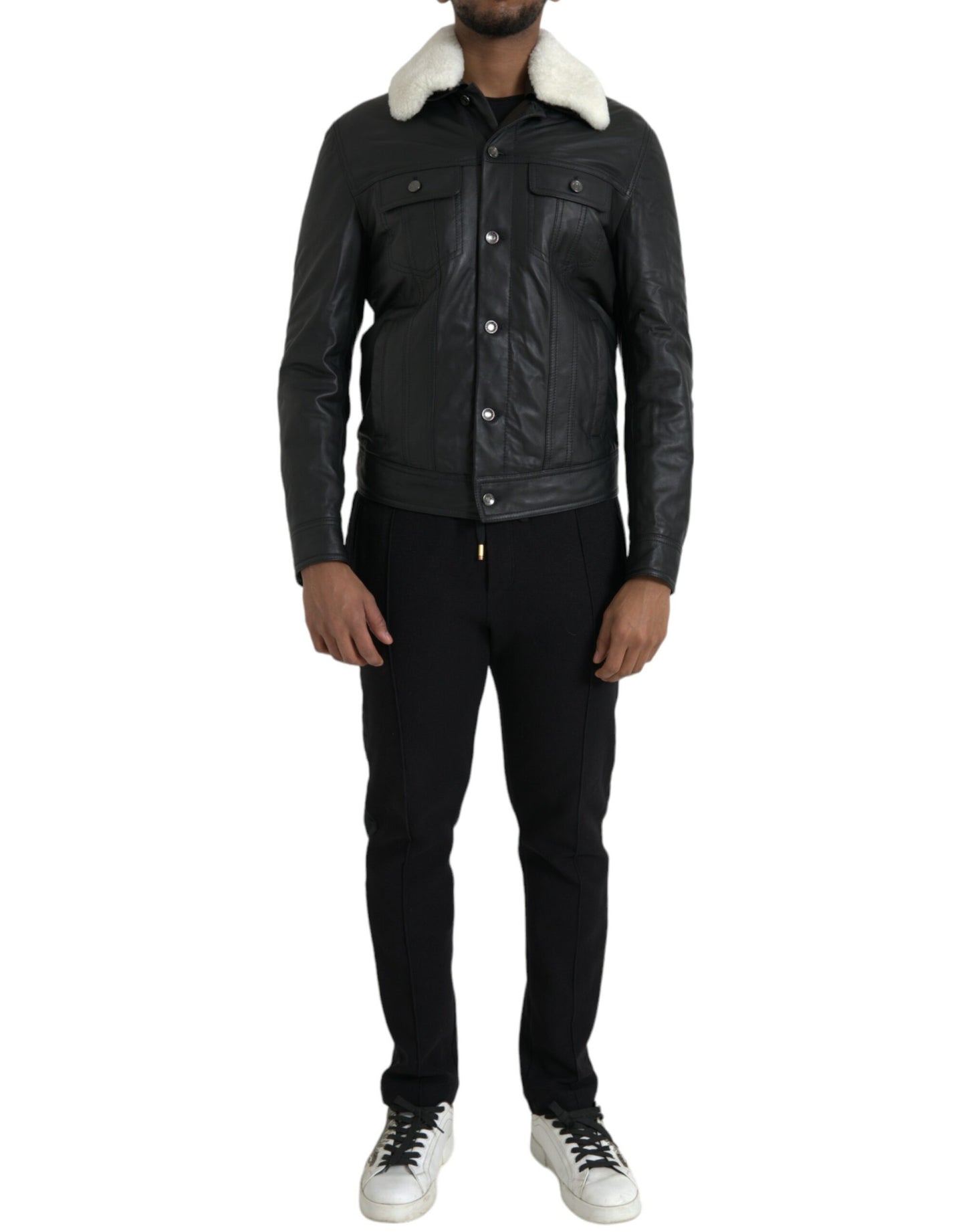 Dolce & Gabbana Schwarzes Leder Pelzkragen Bikermantel Jacke