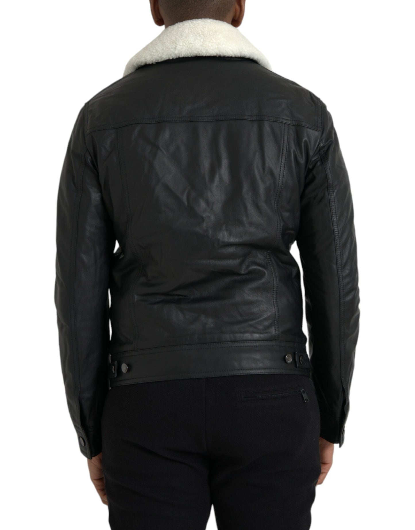 Dolce & Gabbana Schwarzes Leder Pelzkragen Bikermantel Jacke