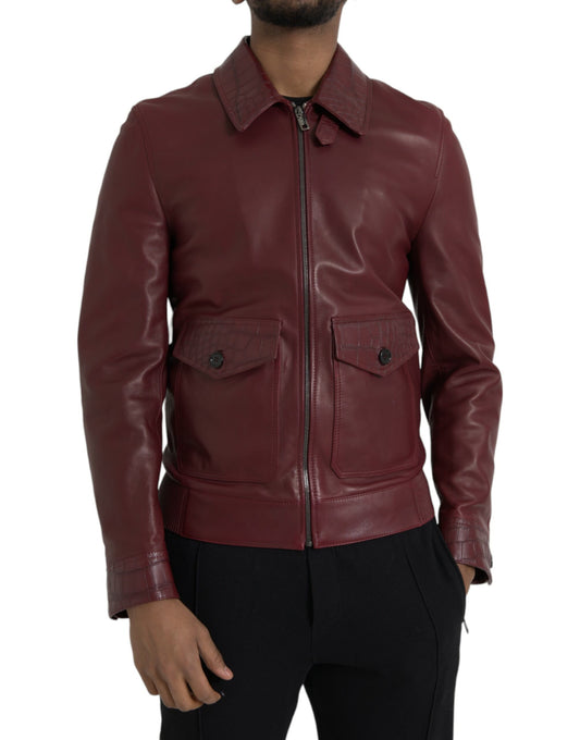 Dolce &amp; Gabbana Maroon eksoottinen nahkainen vetoketjullinen biker-takki