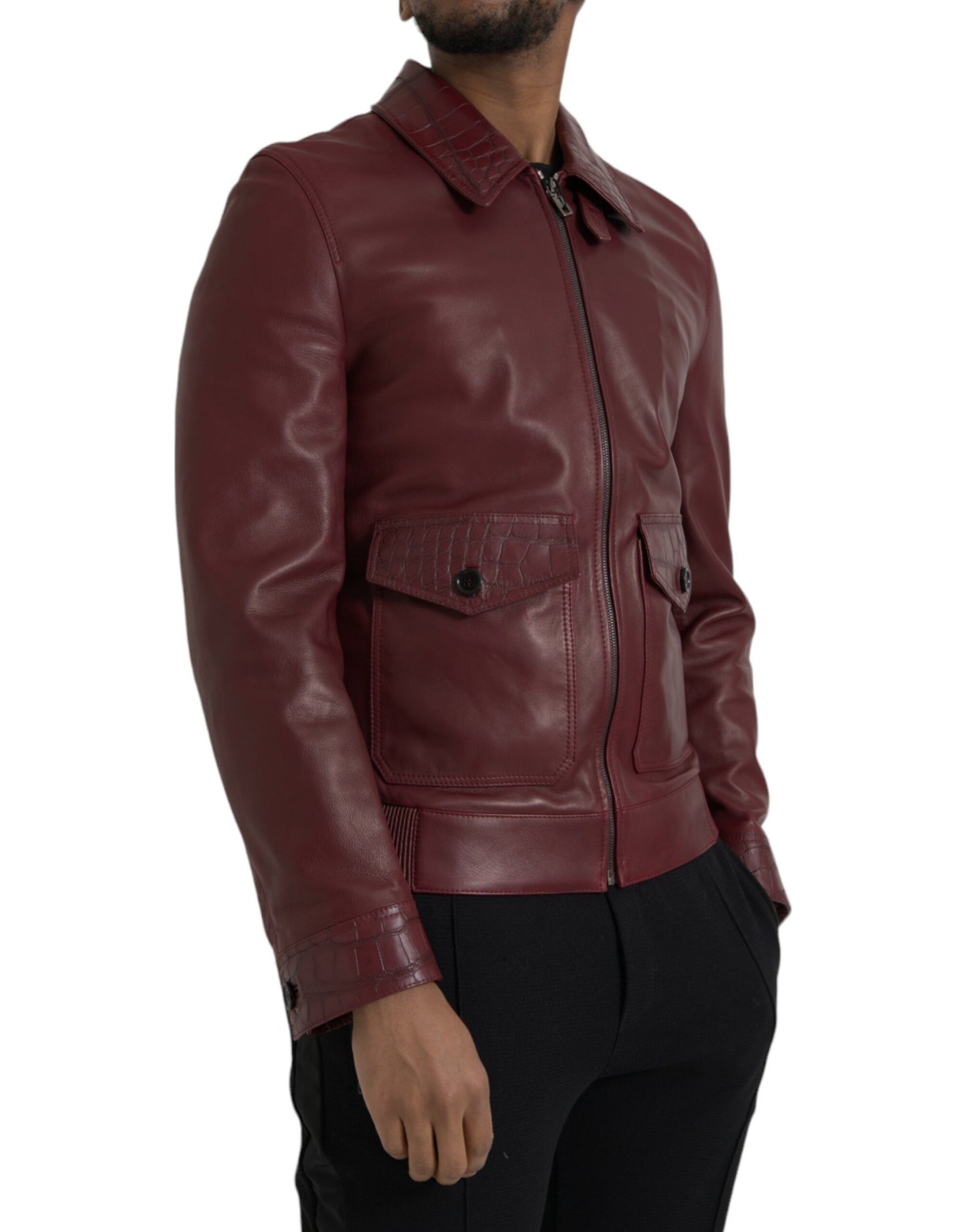 Dolce & Gabbana Maroon Exotisches Leder Zip Biker Mantel Jacke