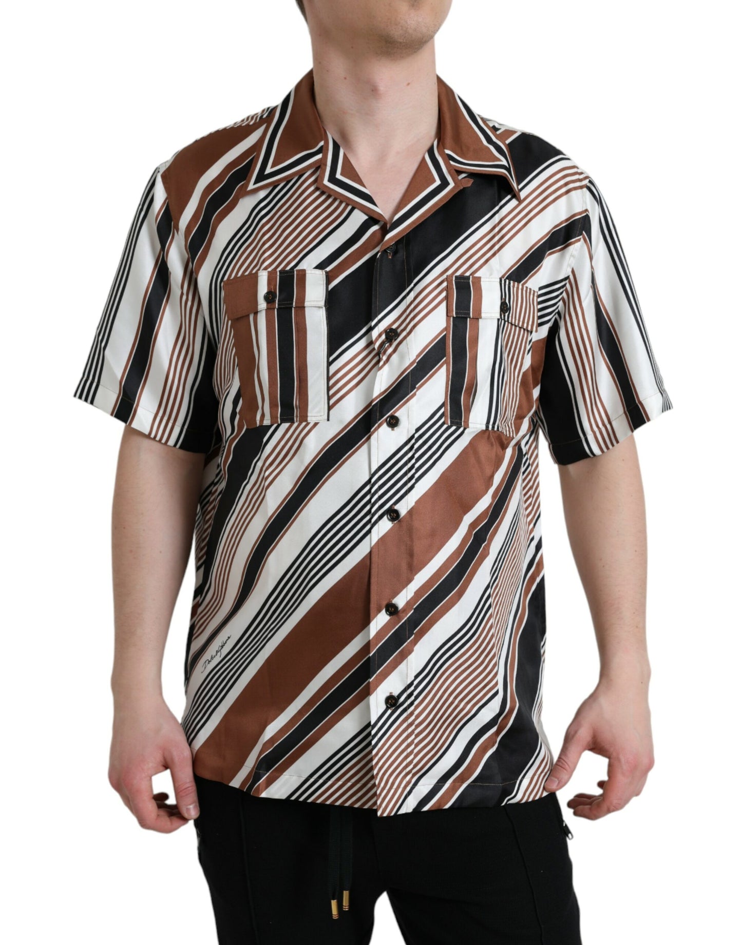 Dolce &amp; Gabbana brown and white striped silk shirt with short sleeves