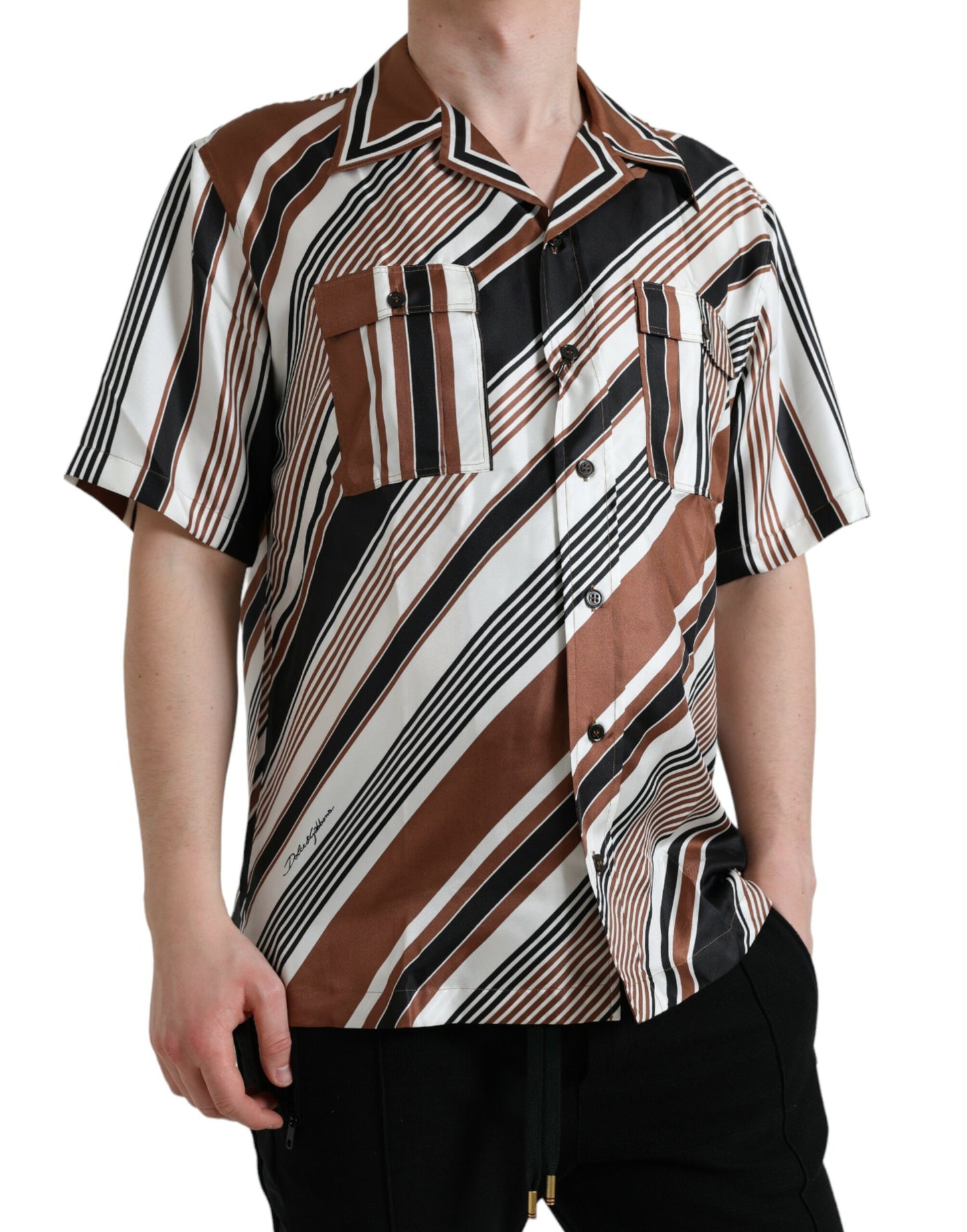 Dolce &amp; Gabbana brown and white striped silk shirt with short sleeves