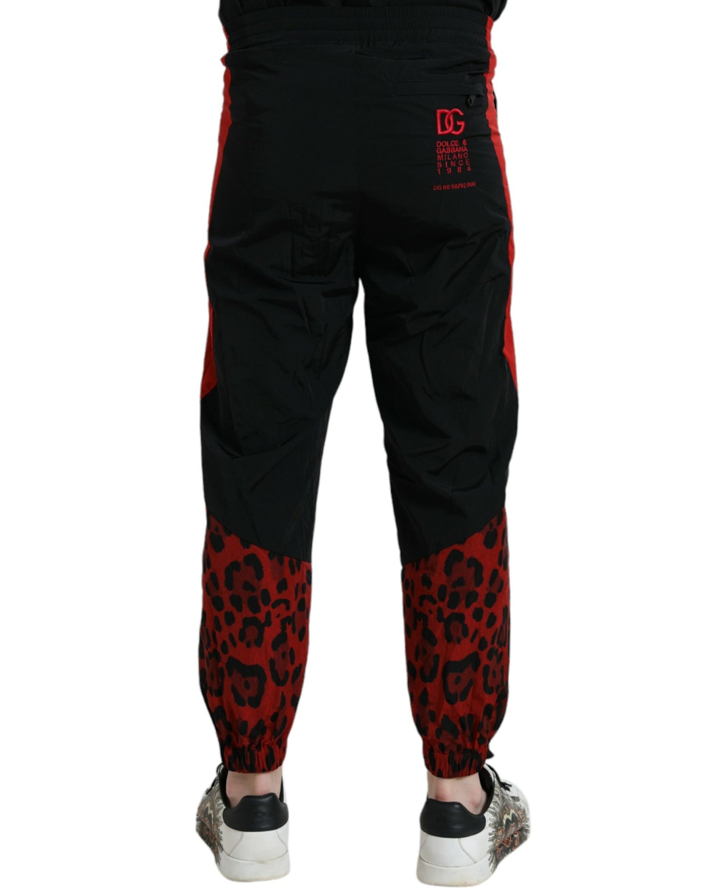 Dolce &amp; Gabbana Black-Red Leopard Print Nylon Jogger Pants