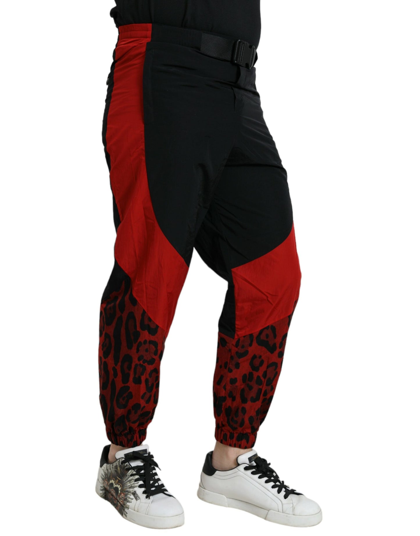 Dolce &amp; Gabbana Black-Red Leopard Print Nylon Jogger Pants