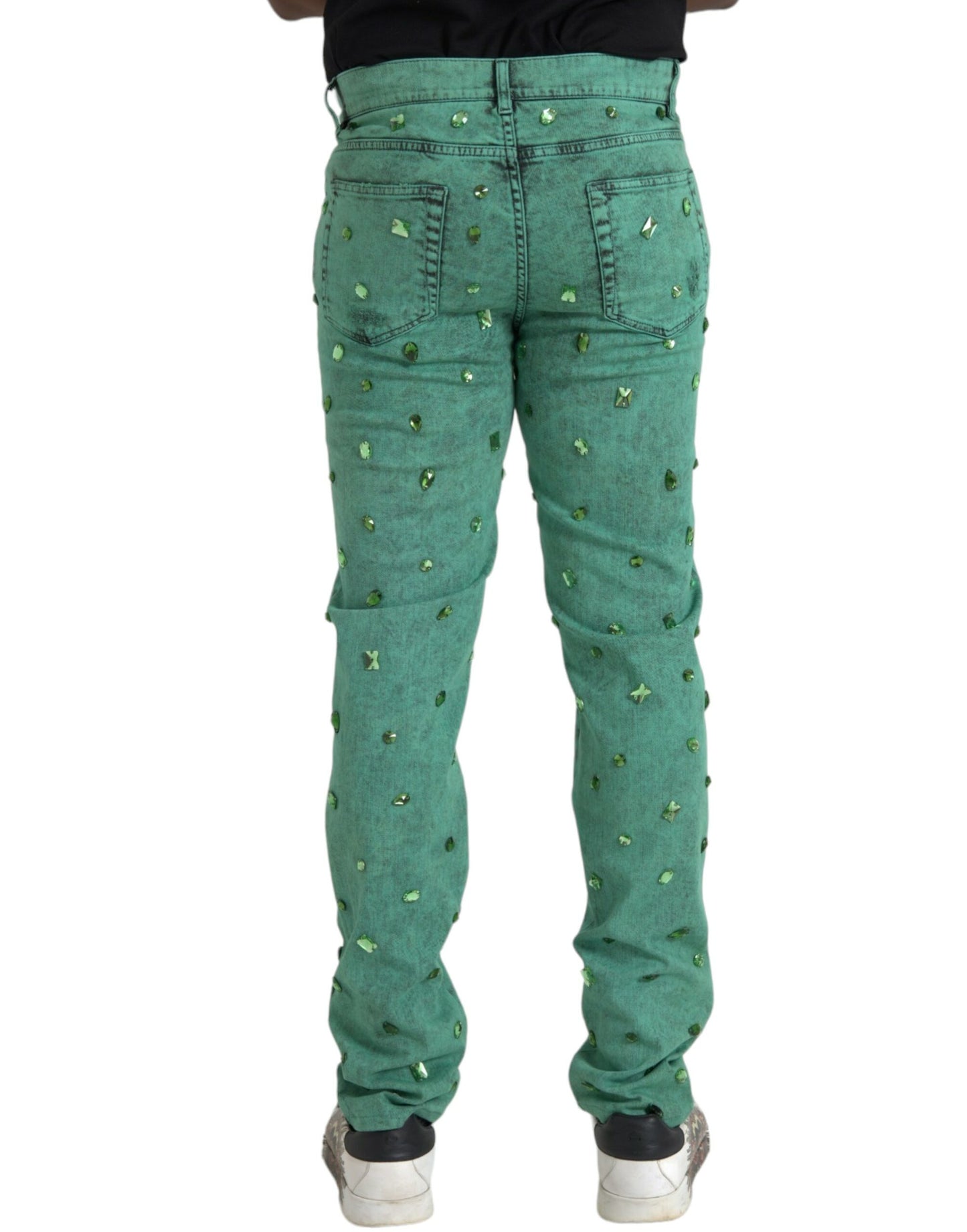 Dolce &amp; Gabbana Green Crystals Cotton Stretch Slim Jeans