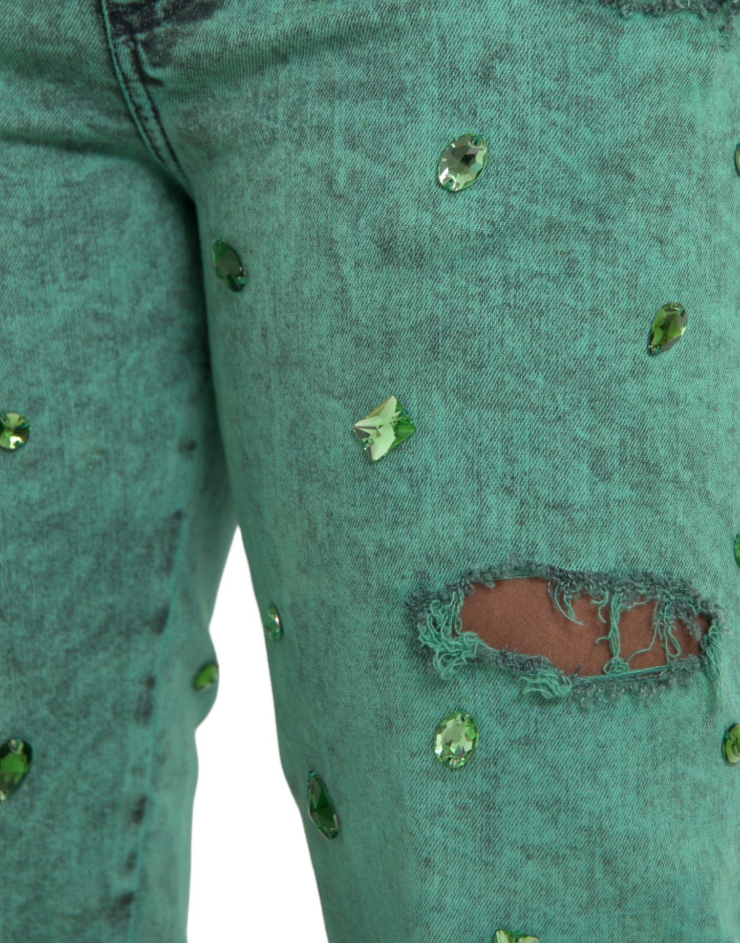 Dolce &amp; Gabbana Green Crystals Cotton Stretch Slim Jeans