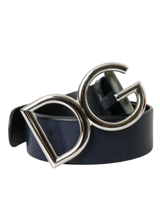 Dolce &amp; Gabbana Blue Leather Silver Metal Logo Buckle Belt Men