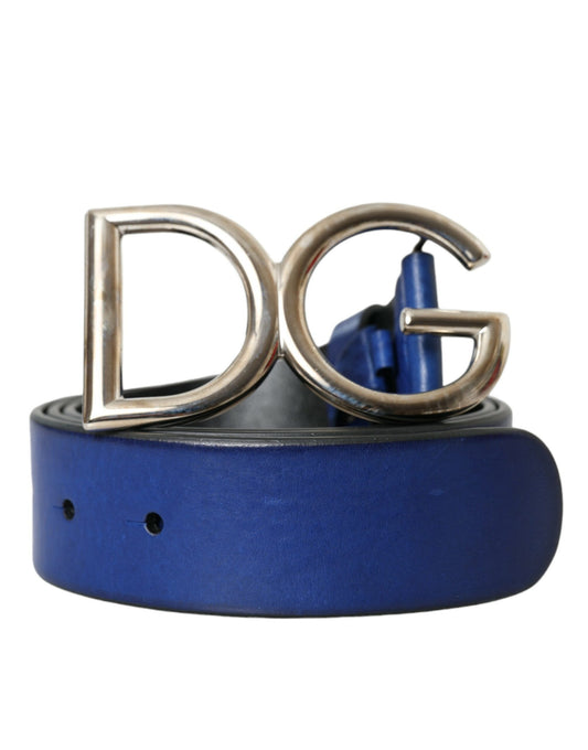 Dolce & Gabbana Blau Leder Silber Metall Logo Schnalle Gürtel Männer