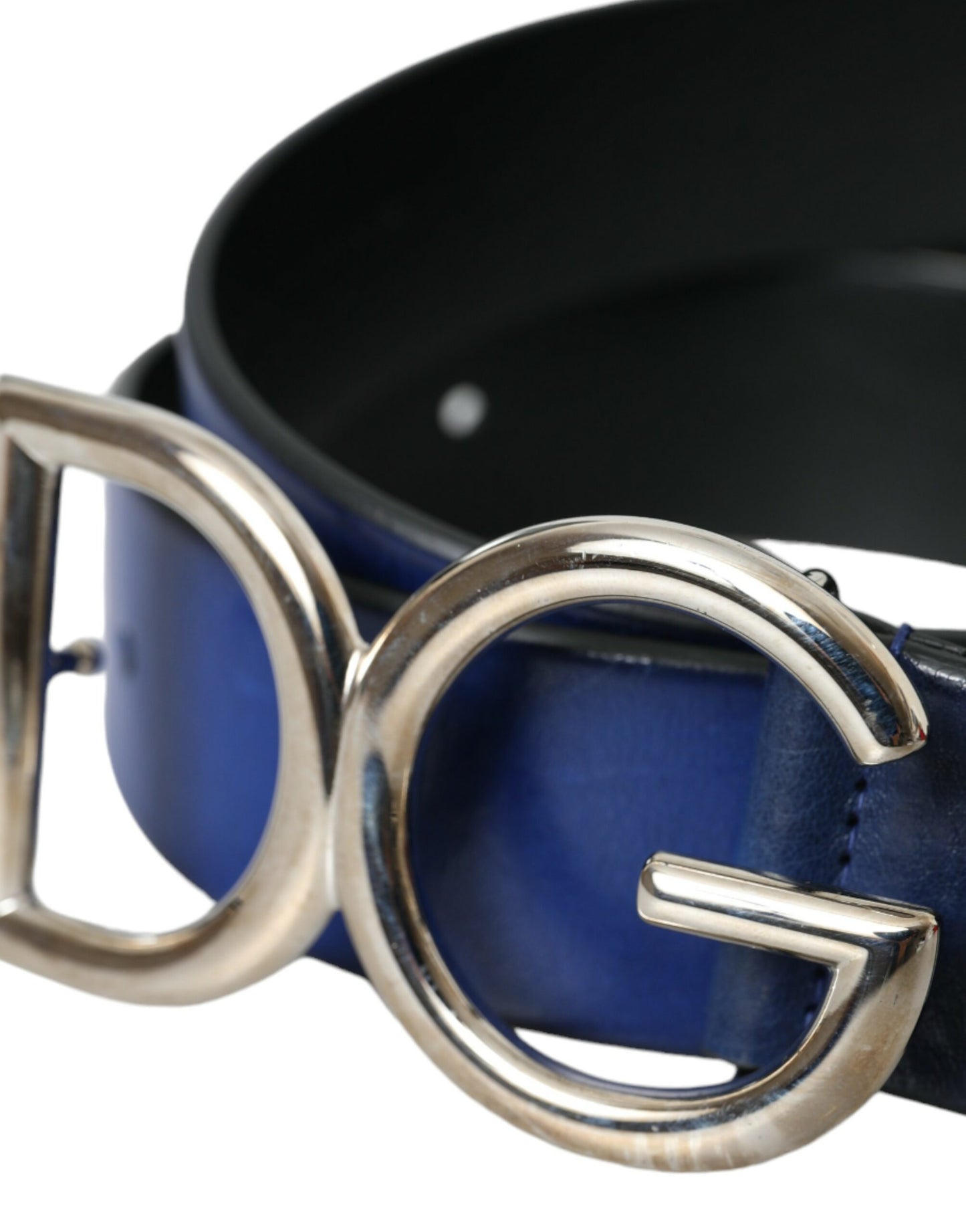 Dolce & Gabbana Blau Leder Silber Metall Logo Schnalle Gürtel Männer