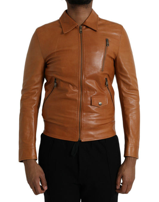 Dolce &amp; Gabbana Brown Lambskin Full Zip Blouson Jacket