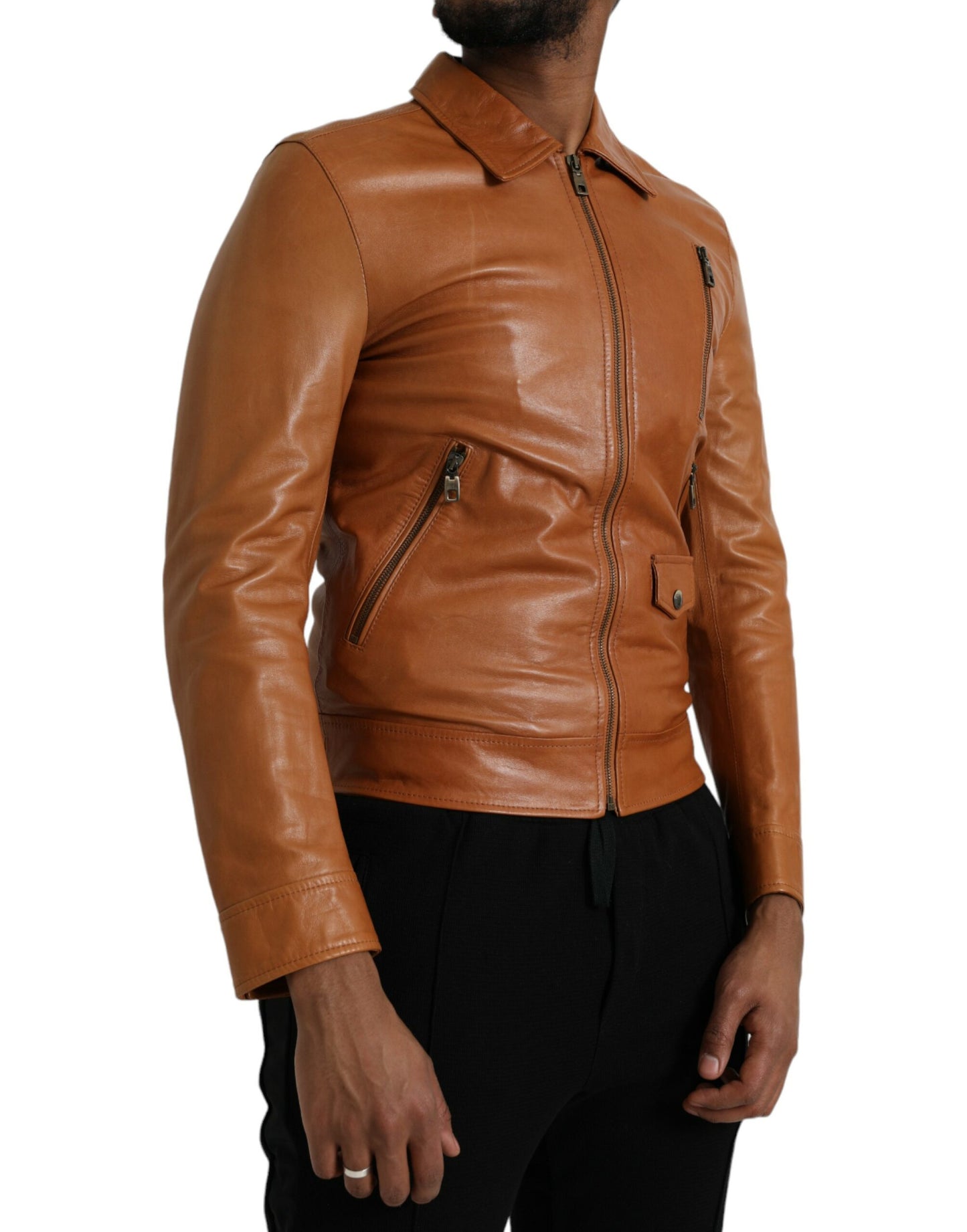 Dolce & Gabbana Braune Lammleder-Blouson-Jacke mit durchgehendem Reißverschluss