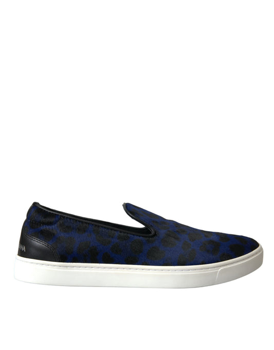 Dolce &amp; Gabbana Blue Calfskin Hair Leopard Sneakers Shoes