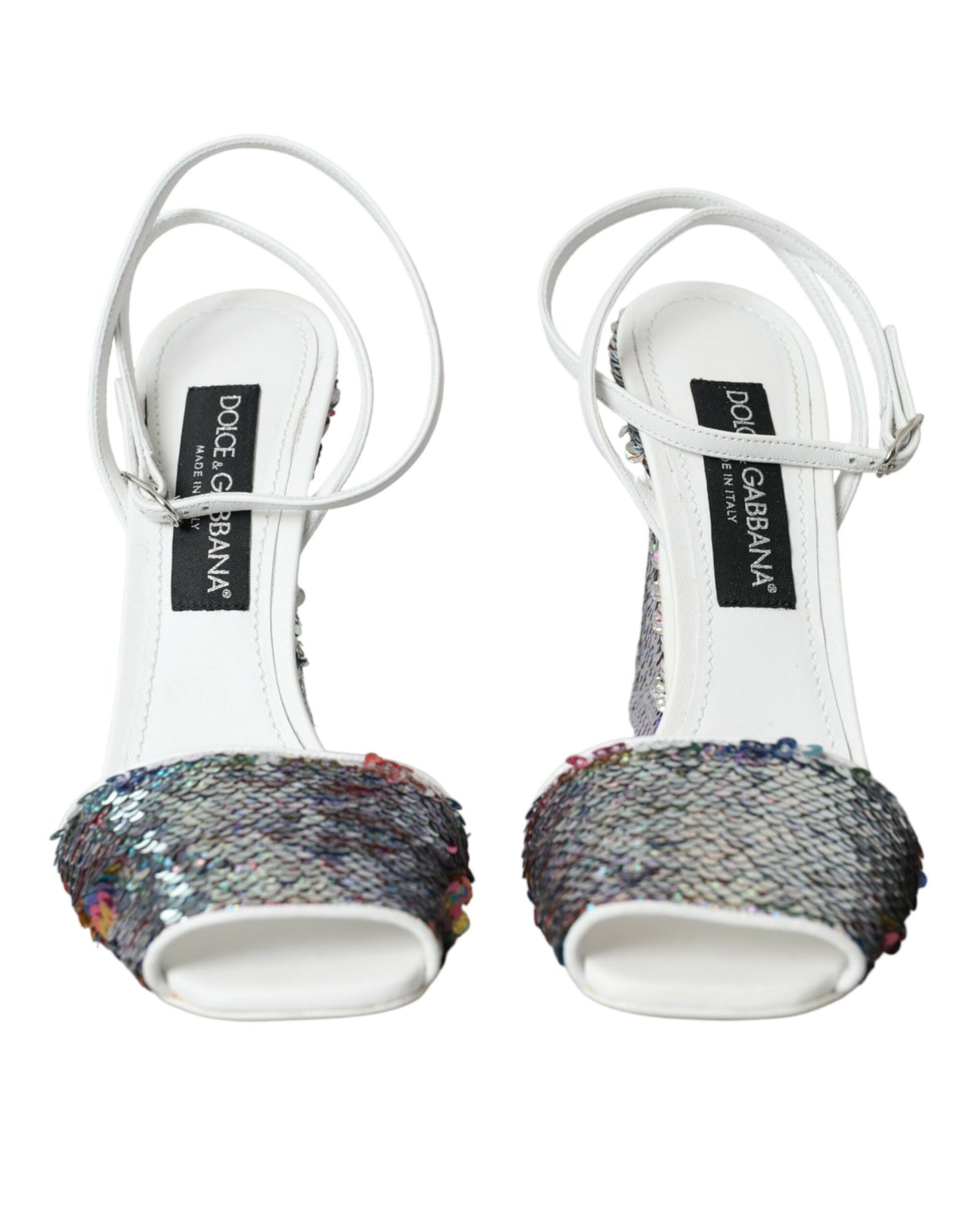 Dolce &amp; Gabbana White Silver Sequin Strappy Sandals -sandaalit