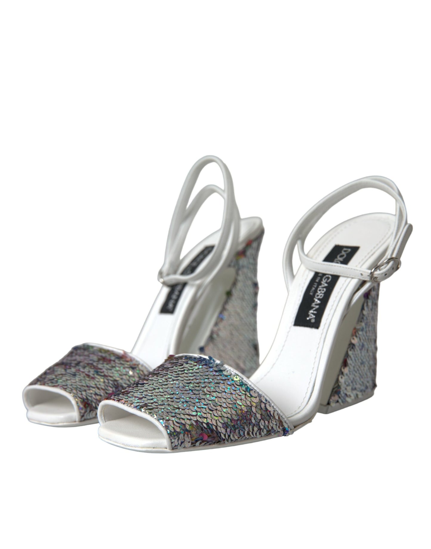 Dolce &amp; Gabbana White Silver Sequin Strappy Sandals -sandaalit