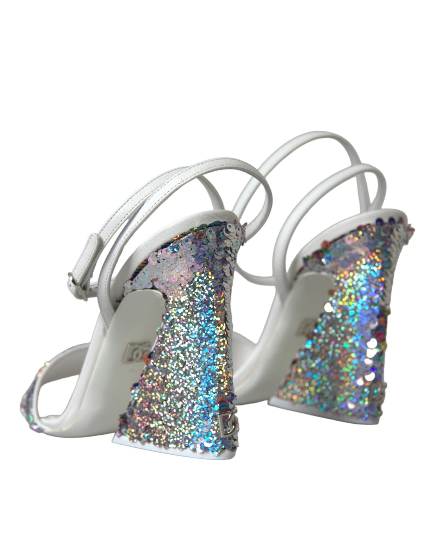 Dolce &amp; Gabbana White Silver Sequin Strappy Sandals -sandaalit