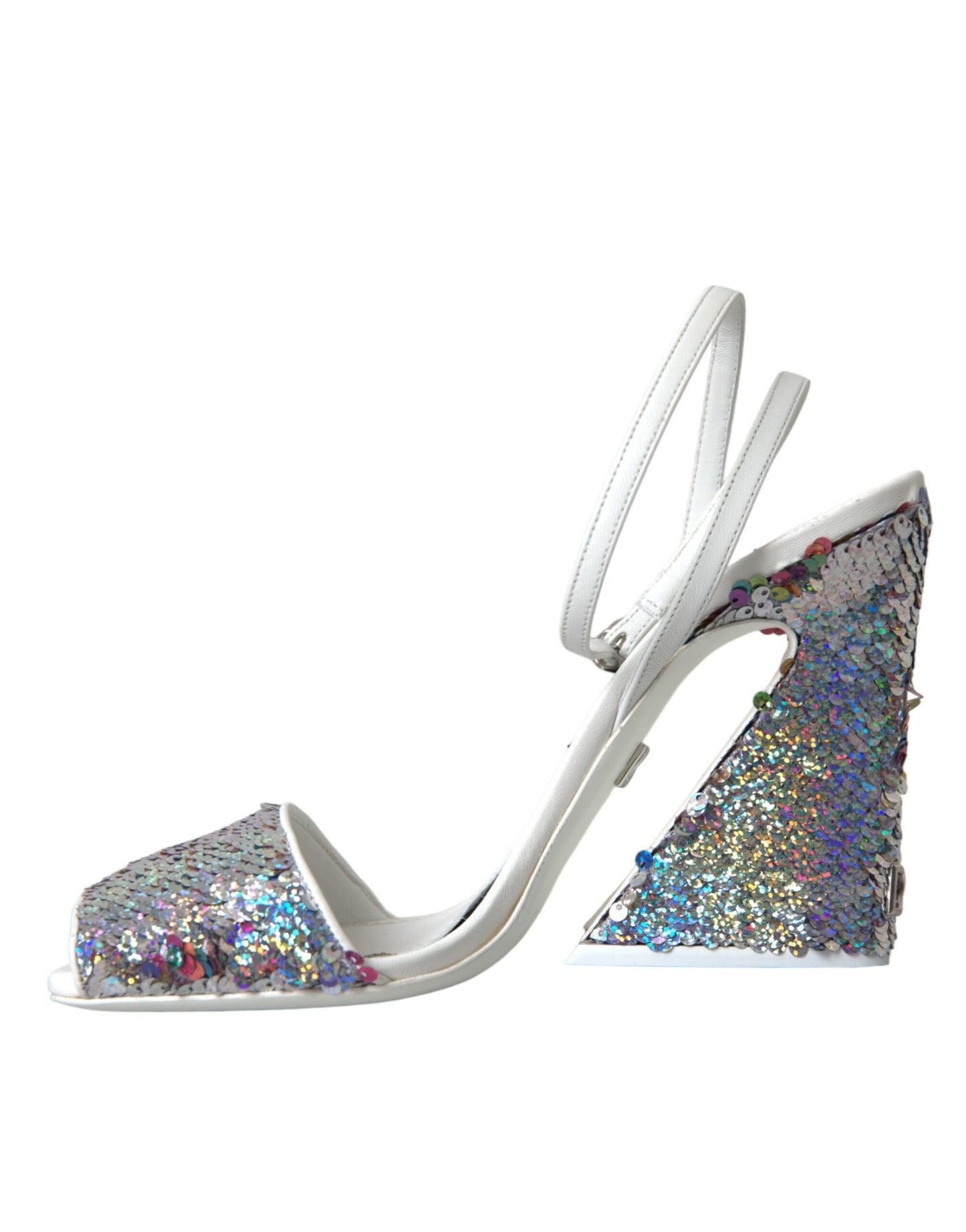 Dolce &amp; Gabbana White Silver Sequin Strappy Sandals -sandaalit