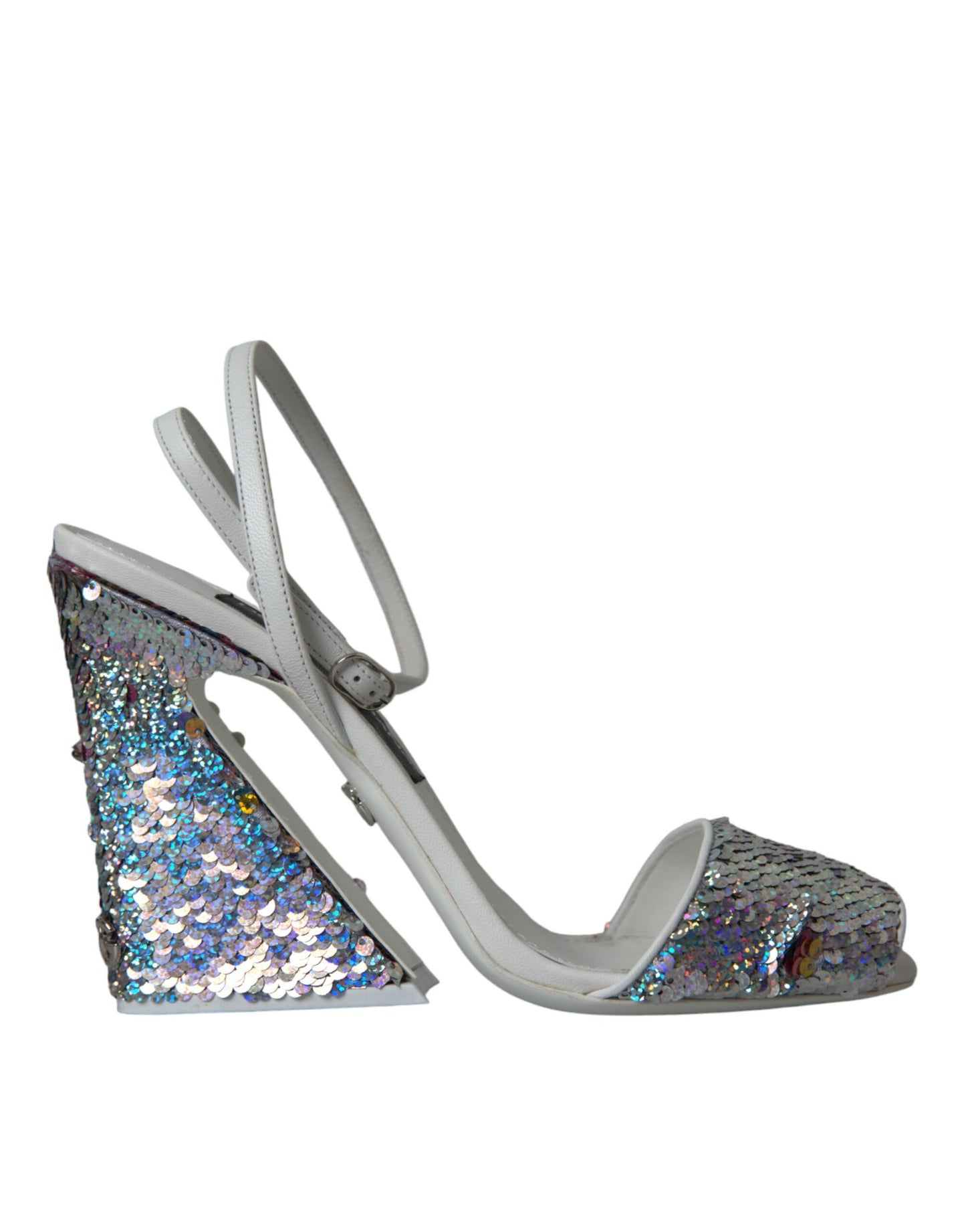 Dolce &amp; Gabbana White Silver Sequin Strappy Sandals -sandaalit