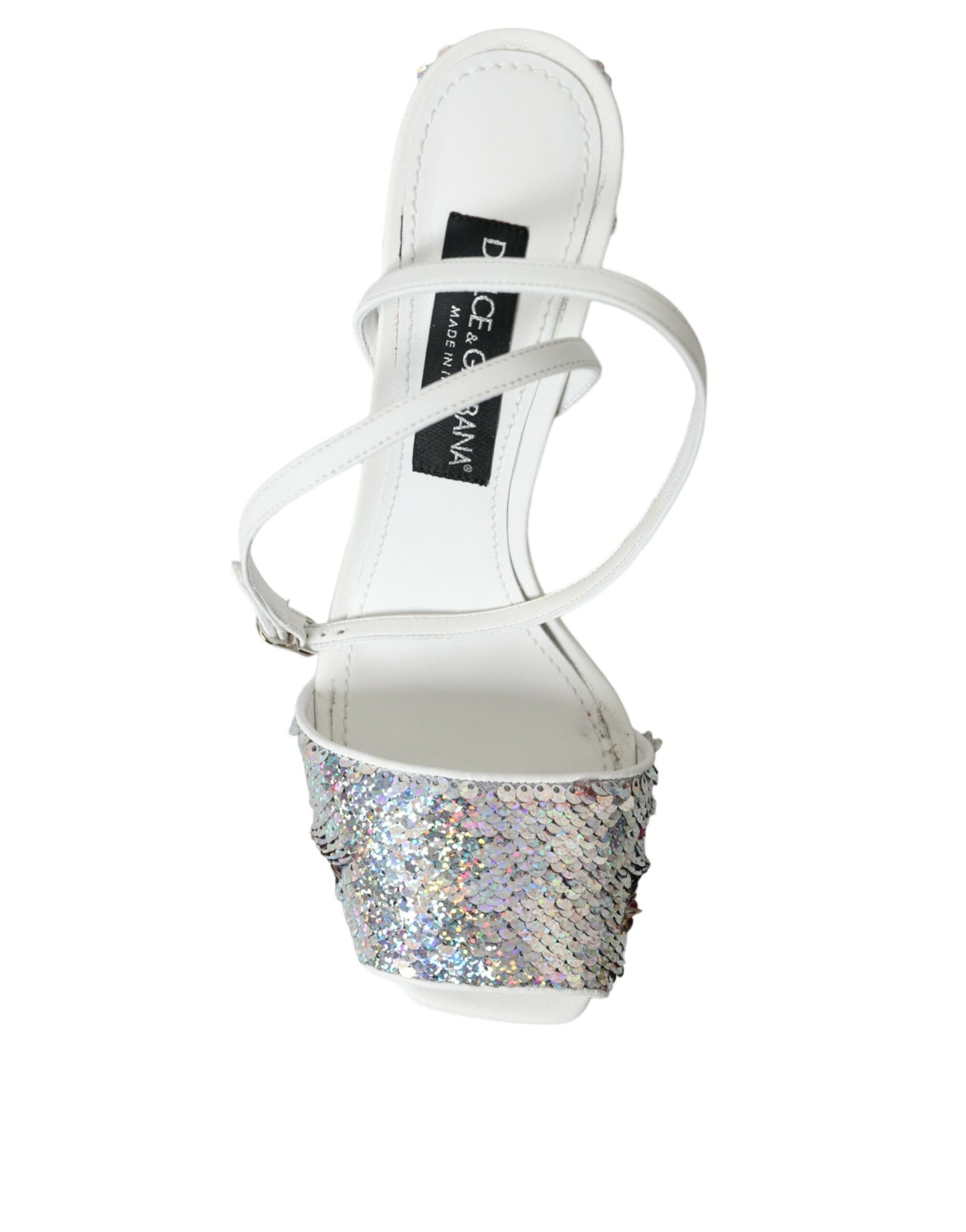 Dolce &amp; Gabbana White Silver Sequin Strappy Sandals -sandaalit