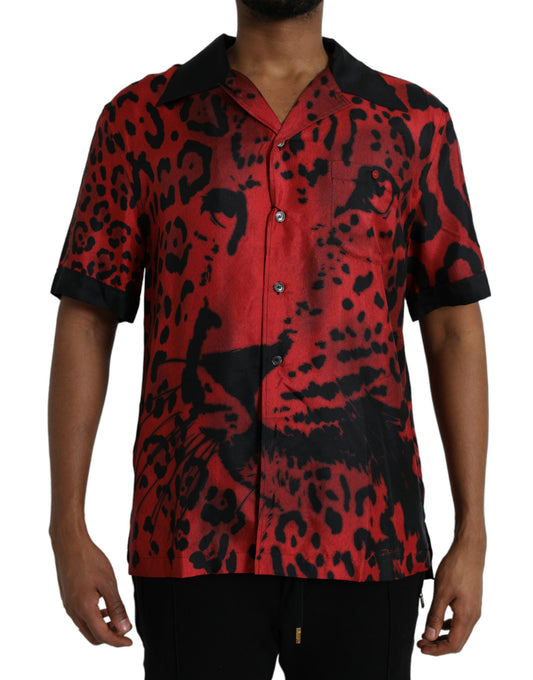 Dolce &amp; Gabbana Red Leopard Silk Button Down Shirt Rento paita