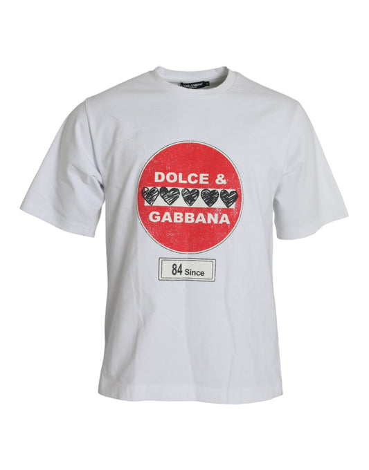 Dolce &amp; Gabbana White Amor Heart Cotton Crewneck lyhythihainen T-paita