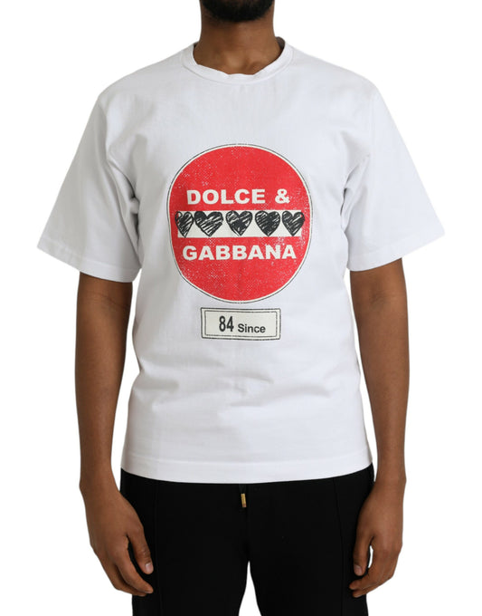 Dolce &amp; Gabbana White Amor Heart Cotton Crewneck lyhythihainen T-paita