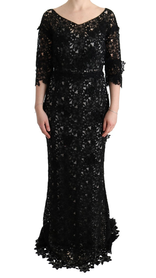 Dolce &amp; Gabbana Elegant Black Maxi Shift -mekko kukka-applikaatiolla