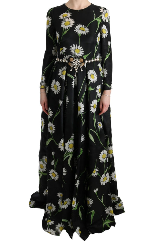 Dolce & Gabbana Elegantes Sonnenblumen-Maxi-Kleid mit Kristallen