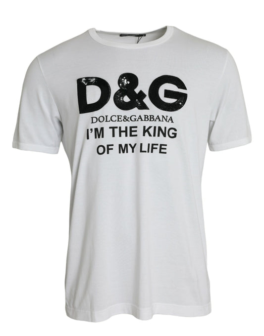 Dolce & Gabbana Weißes D&G King Print Baumwoll-T-Shirt mit Rundhalsausschnitt