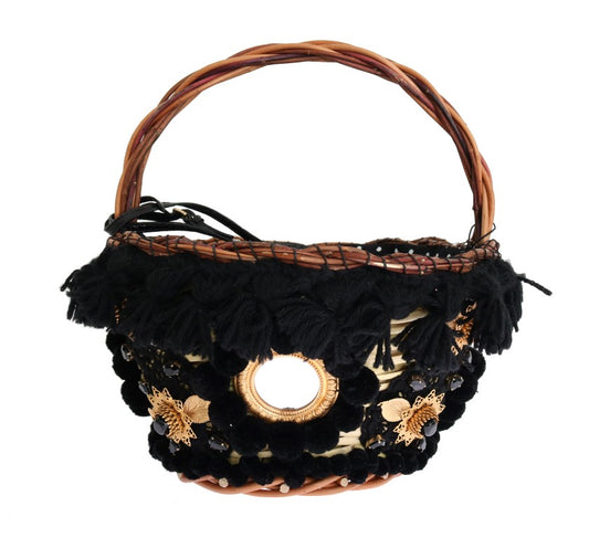 Dolce &amp; Gabbana Chic Beige Black Straw Snakeskin Bucket Bag